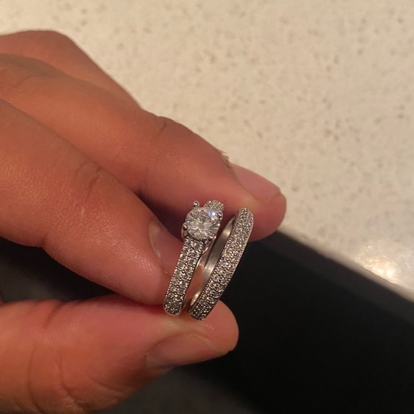 Round Cut Ring with Paved Band Set 925 Sterling Silver Engagement Ring - Picture 7 of 9